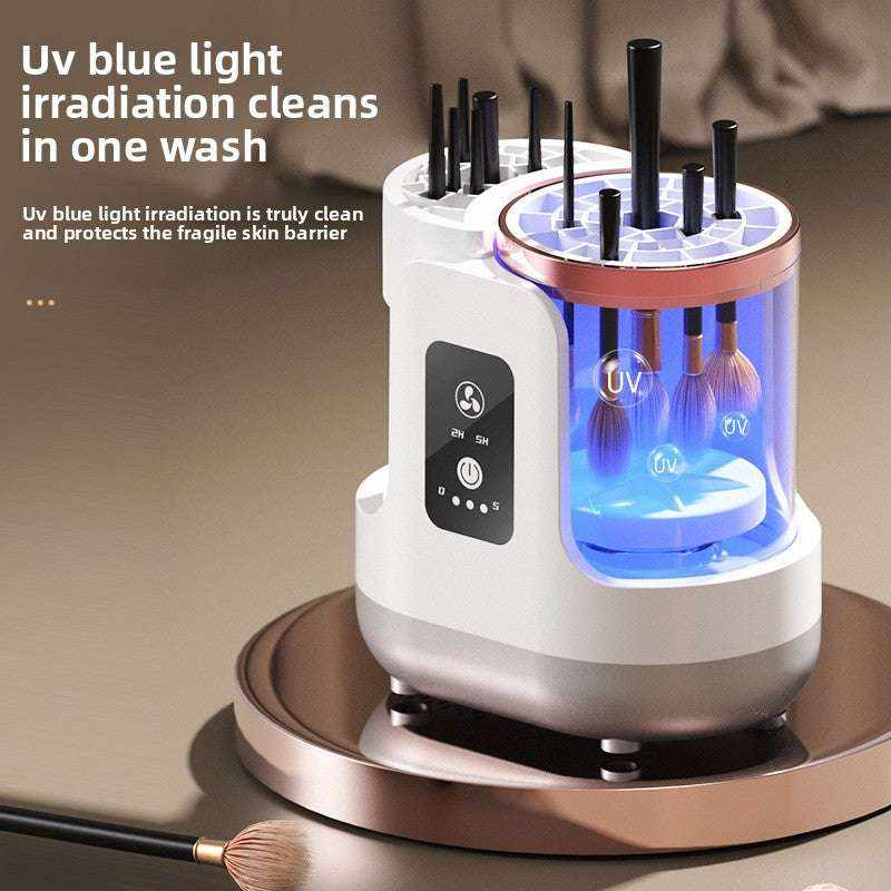 Makeup Brush Cleaner in white and gray with UV blue light irradiation, holding multiple black-handled makeup brushes inside the spinner unit