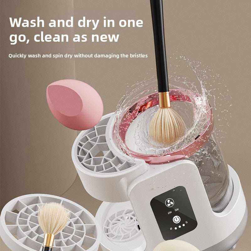 Makeup Brush Cleaner automatic white and pink electric device washing and drying a round makeup brush with water splash