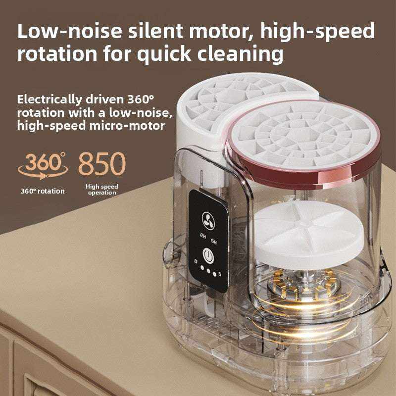 Makeup Brush Cleaner in clear plastic with white star-patterned lids and digital control panel for 360 degree rotation and quick drying