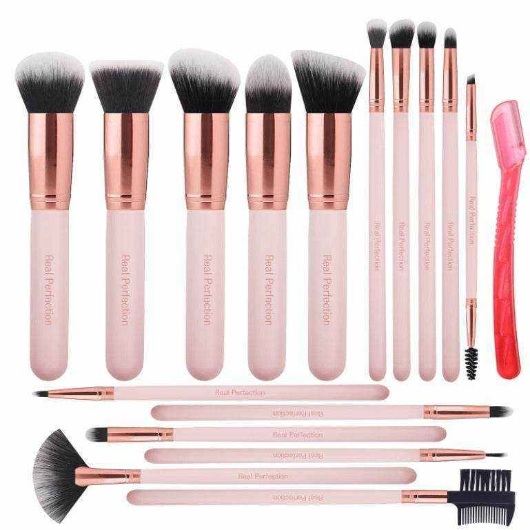 16-Piece Makeup Brush Set with soft black and white nylon bristles, rose gold ferrules, and light pink wooden handles organized neatly