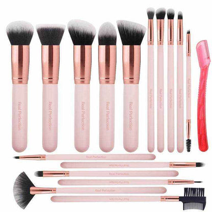 16-Piece Makeup Brush Set with soft black and white nylon bristles, rose gold ferrules, and light pink wooden handles organized neatly