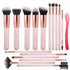 16-Piece Makeup Brush Set with soft black and white nylon bristles, rose gold ferrules, and light pink wooden handles organized neatly