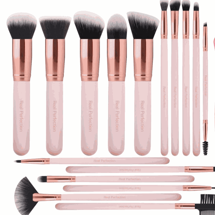 16-Piece Makeup Brush Set with pink handles, rose gold ferrules, and soft synthetic bristles in various face and eye brush shapes