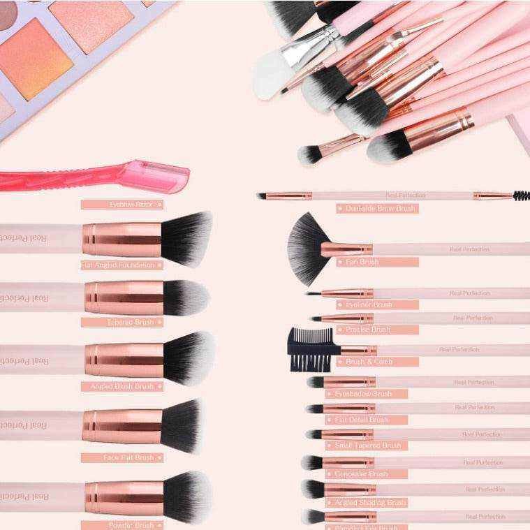 16-Piece Makeup Brush Set featuring soft nylon bristles with rose gold ferrules and pink handles, including face and eye brushes
