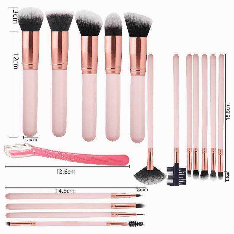 16-Piece Makeup Brush Set with soft white and black bristles, rose gold ferrules, and pale pink wooden handles, including various face and eye brushes