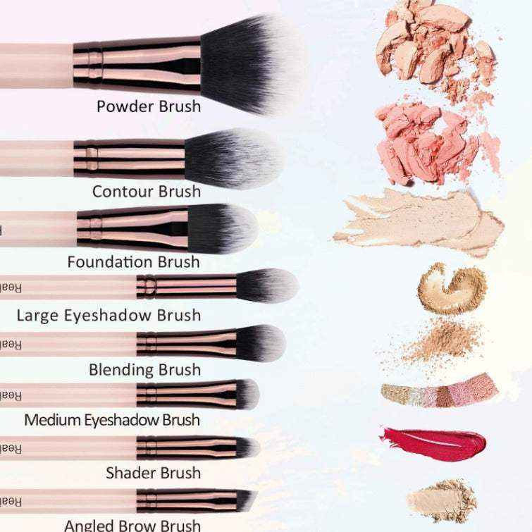 16-Piece Makeup Brush Set with wooden handles and soft black and white nylon bristles, featuring various brushes labeled for powder, contour, foundation, eyeshadow, blending, shader, and brow application alongside corresponding makeup swatches