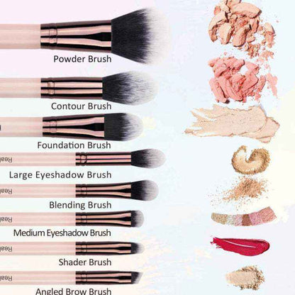 16-Piece Makeup Brush Set with wooden handles and soft black and white nylon bristles, featuring various brushes labeled for powder, contour, foundation, eyeshadow, blending, shader, and brow application alongside corresponding makeup swatches