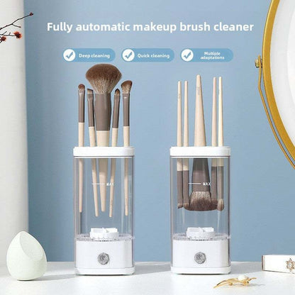 Automatic Makeup Brush Cleaner with transparent container and white base holding various beige-handled makeup brushes for deep and quick cleaning
