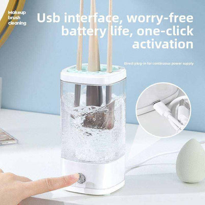 Automatic Makeup Brush Cleaner with transparent water chamber and white base activated by finger touch for quick cleaning
