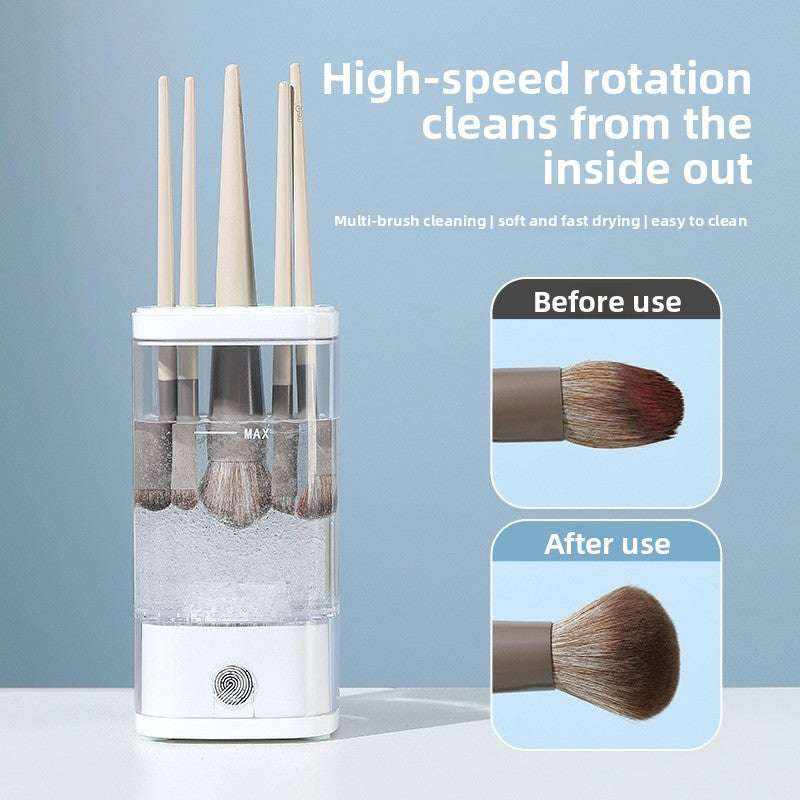 Automatic Makeup Brush Cleaner in white with transparent water container holding multiple makeup brushes in various sizes with soft bristles, showing before and after cleaning brush heads