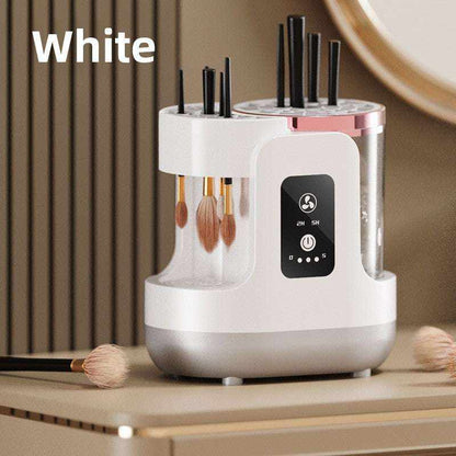 White automatic Makeup Brush Cleaner and dryer with multiple hanging brushes and touchscreen control panel
